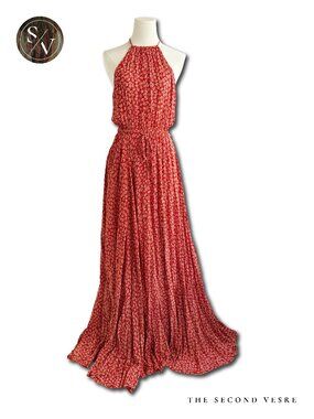 Vici Printed Floral Maxi Dress Women's Medium Front Slit Halter Dress Red White